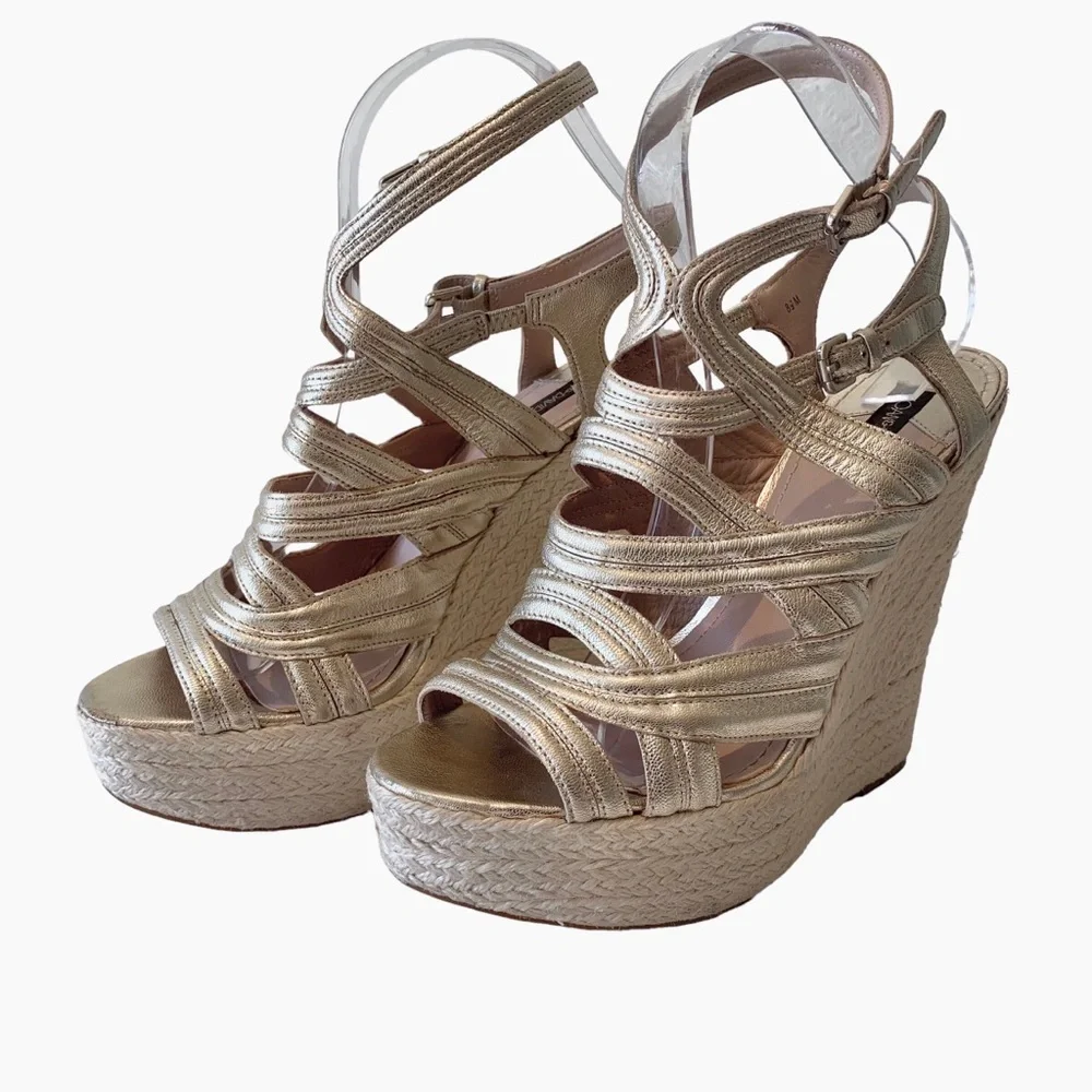 JOAN & DAVID METALLIC GOLD LEATHER STRAP ESPADRILLE WEDGE SANDALS